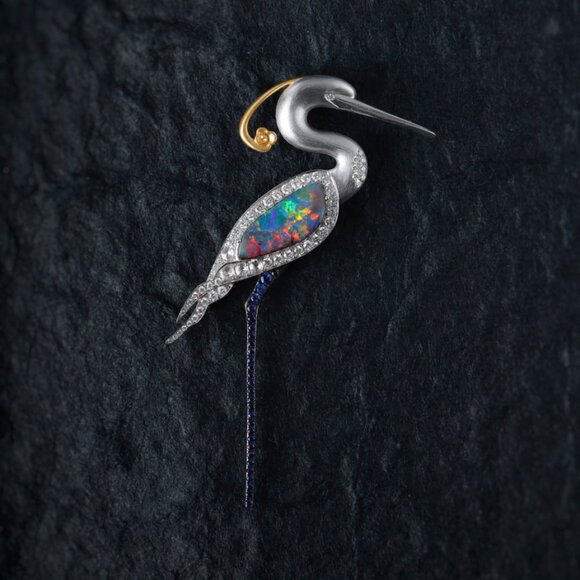 The Egret - Boulder Opal Diamond Sapphire Pendant & Brooch 18k Gold - Picture 3 of 5